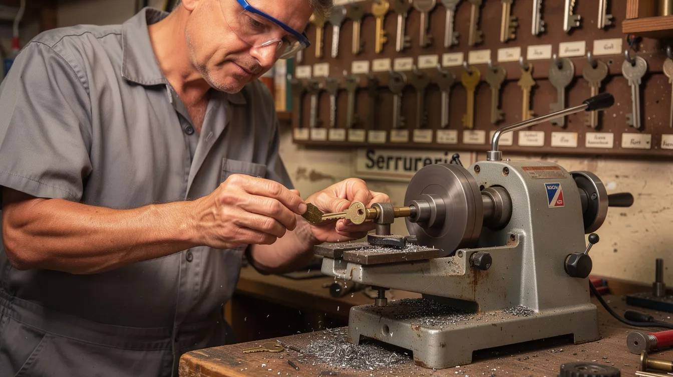 Un serrurier en train de reproduire une clé dans sa boutique située à Paris, utilisant des outils spécialisés pour assurer une reproduction de clés de haute qualité. Cette image illustre le savoir-faire et l'expertise d'un professionnel de la serrurerie, offrant des services de duplication de clés standards et de clés plates.