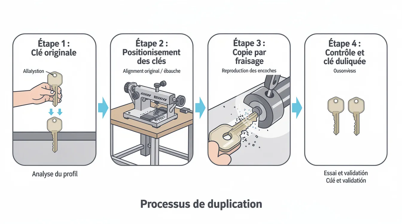 Schéma illustrant le processus de duplication de clés, mettant en avant les différentes étapes de la reproduction, depuis la prise de la carte de propriété jusqu'à la création d'un double de clé. Ce service est essentiel pour assurer la sécurité des maisons et des voitures, notamment à Paris et en Île-de-France.