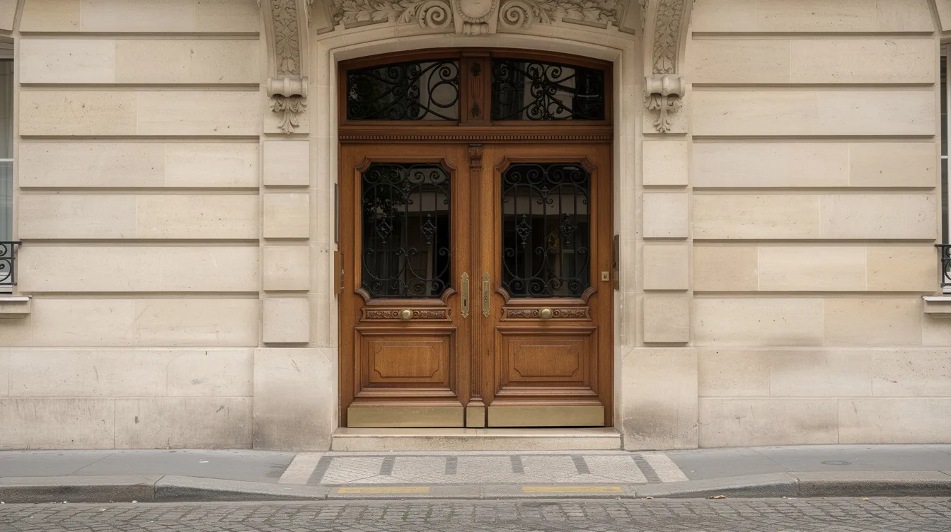 Une porte d'entrée d'immeuble haussmannien à Paris, ornée de moulures élégantes et de ferronneries délicates, évoque le charme architectural de la capitale. Cette porte, symbole de sécurité, pourrait nécessiter l'intervention d'un serrurier à Paris pour un changement de serrure ou un dépannage en cas de porte claquée.