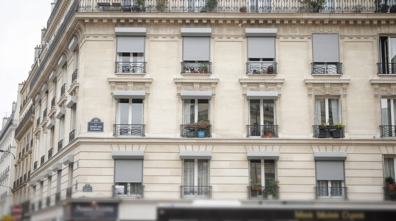 La façade d'un immeuble parisien présente des fenêtres équipées de volets roulants monobloc, visibles au-dessus de chaque ouverture. Ces volets, essentiels pour la sécurité et l'isolation, sont un élément courant du quotidien dans les habitations de la ville.