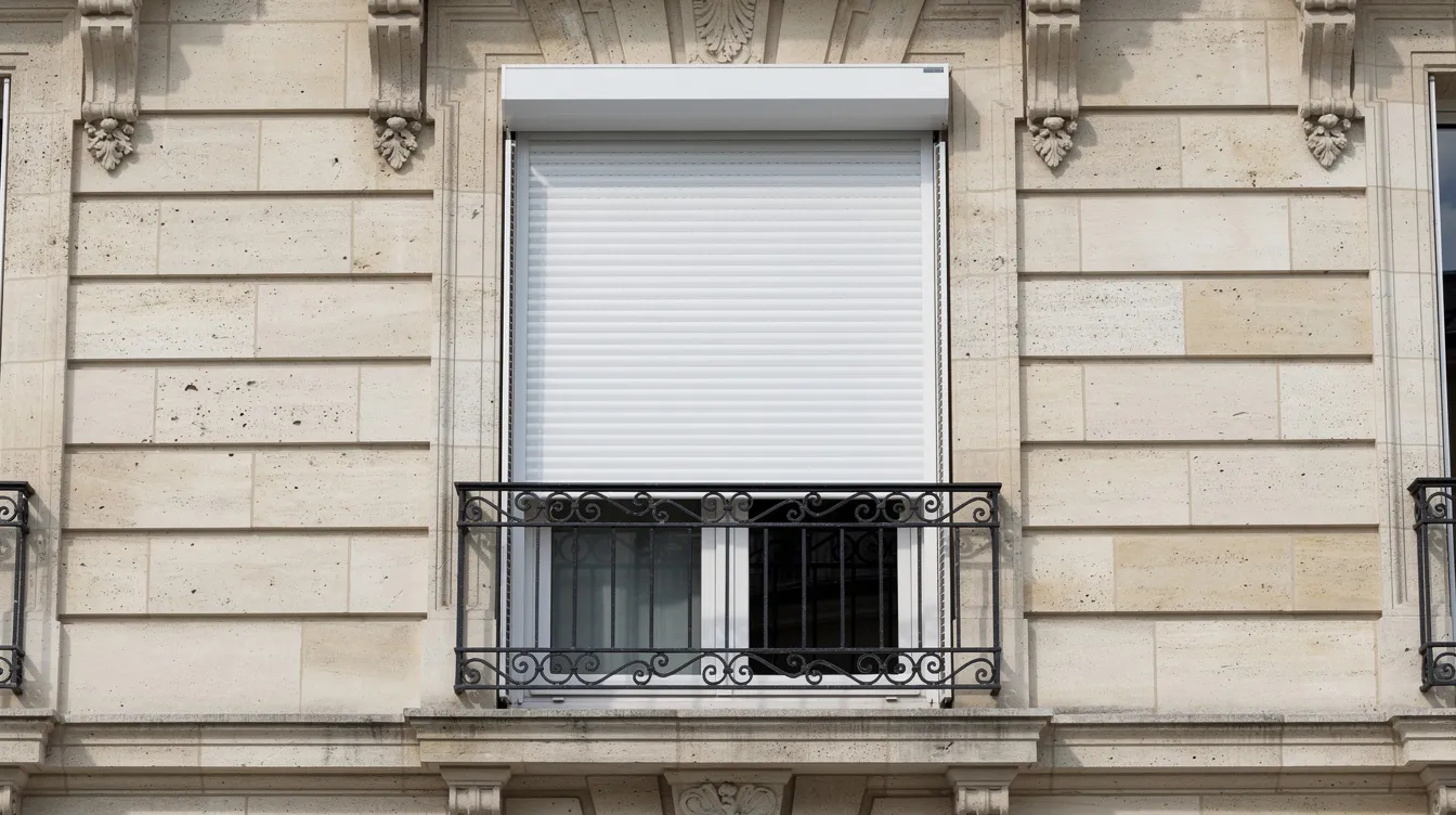 Un volet roulant blanc est installé sur une fenêtre d'appartement parisien, dont la façade est en pierre. Ce type de volet, souvent utilisé pour améliorer l'isolation et la sécurité, peut nécessiter des conseils pour sa réparation ou son entretien.