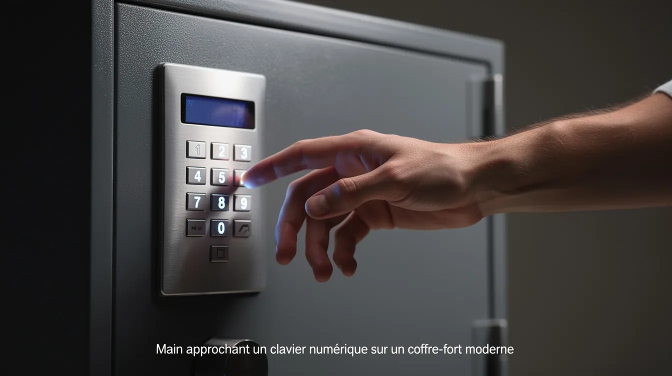 Une main s'approche d'un clavier numérique sur un coffre-fort moderne, mettant en avant la sécurité d'un coffre-fort ignifuge. Ce modèle est équipé d'une serrure électronique, garantissant une protection optimale pour les objets de valeur.