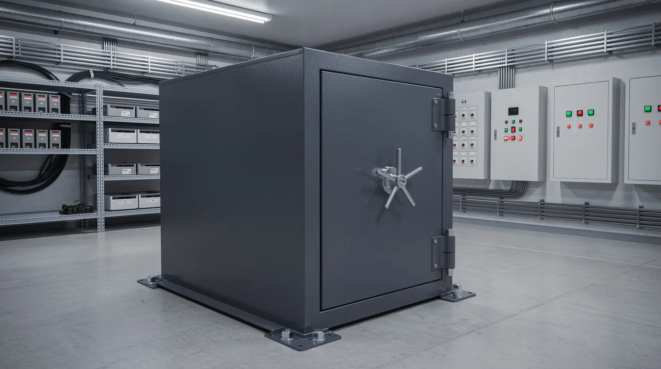 L'image montre un coffre-fort volumineux, fixé au sol dans un local technique professionnel. Ce coffre-fort ignifuge et anti-effraction est conçu pour assurer la sécurité des biens de valeur, tels que des documents importants et des armes de poing, tout en offrant un système de verrouillage avec une serrure électronique.