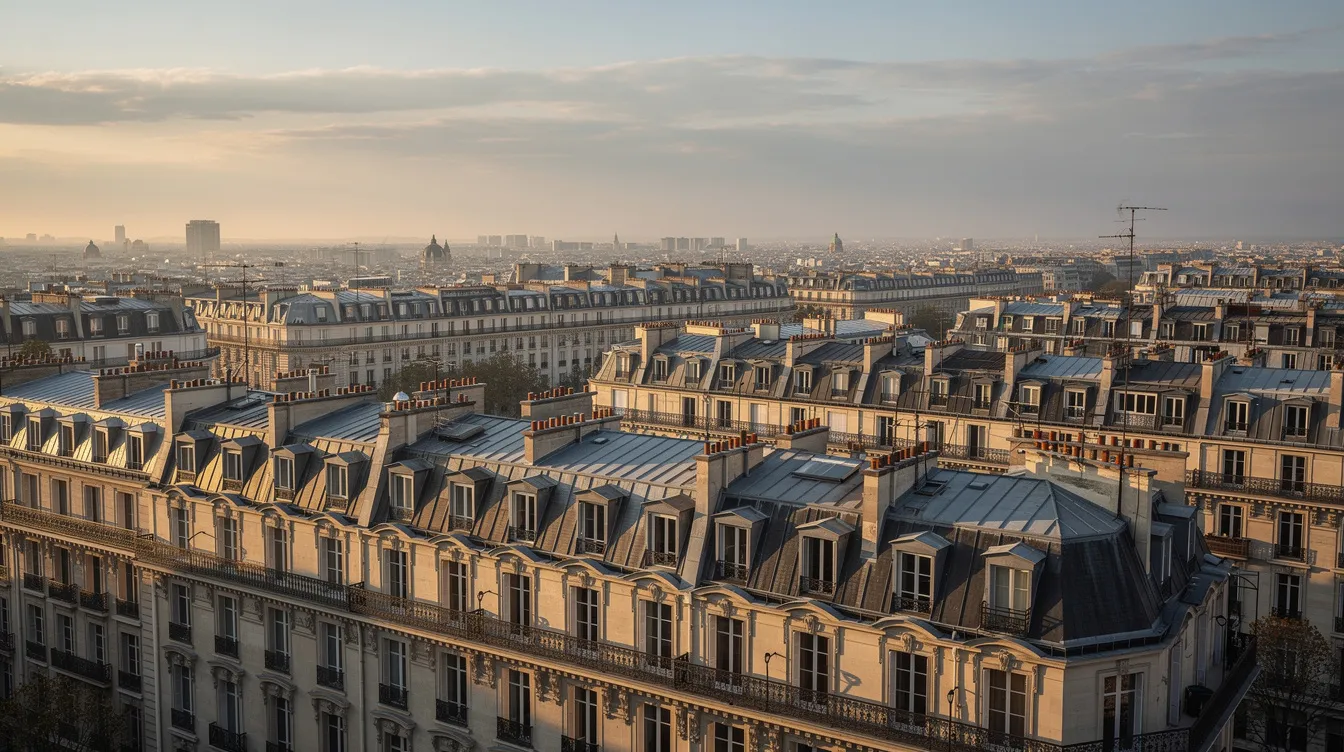 Une vue panoramique des toits de Paris, mettant en valeur des immeubles haussmanniens typiques, avec des cheminées et des balcons en fer forgé. Cette image évoque la beauté architecturale de la ville, où chaque détail raconte l'histoire de Paris, tout en rappelant l'importance de la sécurité avec des services tels que ceux d'un serrurier à Paris.