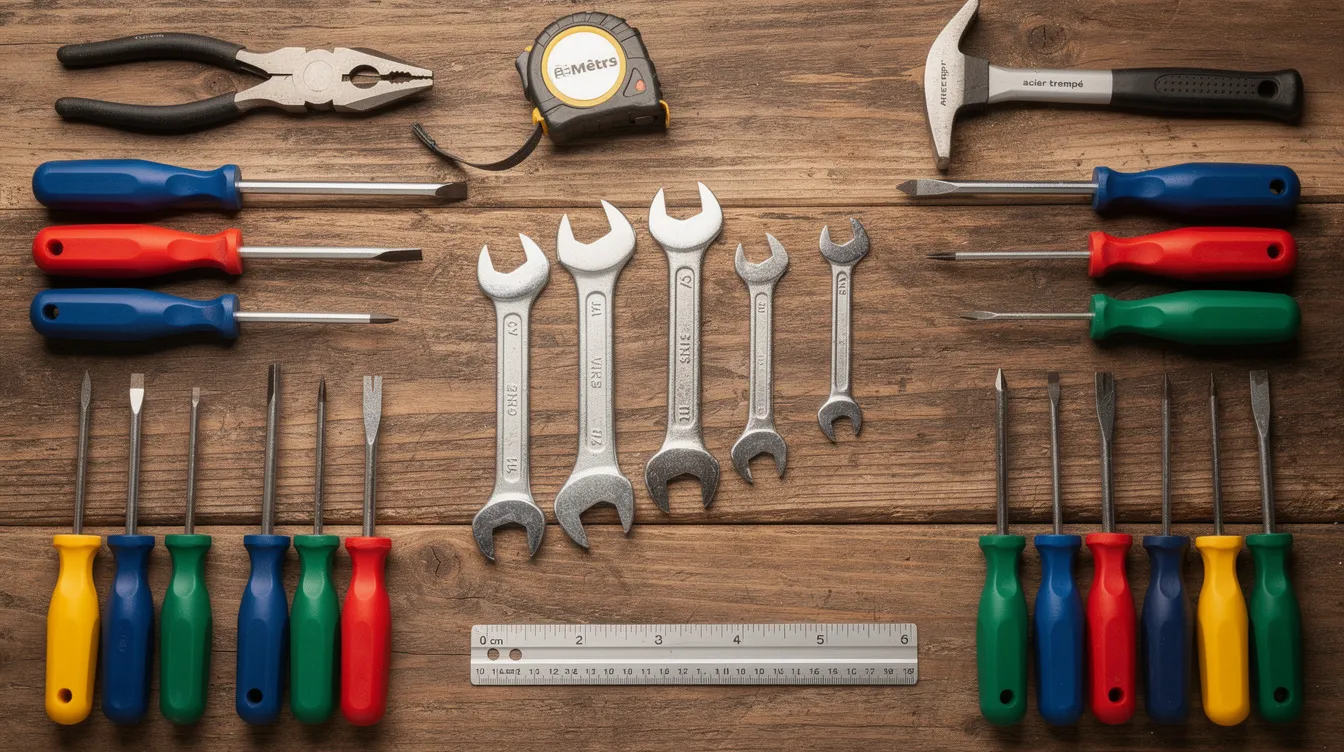 Des outils de bricolage, tels que des tournevis et des clés, sont soigneusement disposés sur une table en bois, prêts à être utilisés pour la réparation de volets roulants ou d'autres projets de rénovation à domicile. Cette scène évoque l'importance de bien s'équiper pour résoudre des problèmes quotidiens liés à l'entretien de la maison.