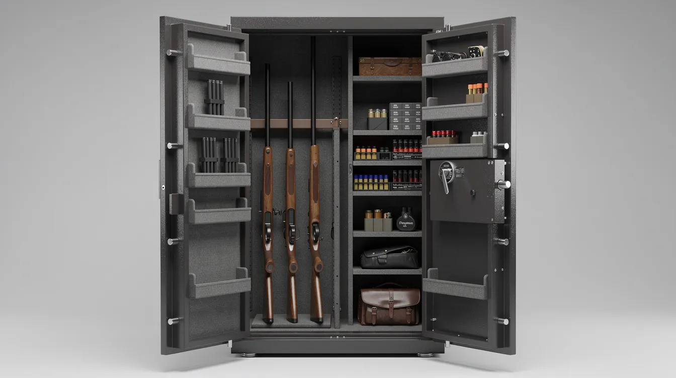 Une armoire forte pour armes de chasse est présentée, dotée de compartiments séparés pour un stockage sécurisé. Ce modèle offre une protection anti-effraction et peut inclure une serrure électronique pour garantir la sécurité des armes à feu et des objets de valeur.