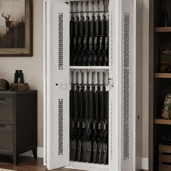Armoire sécurisée à râteliers ajustables pour armes longues posée par OFIP